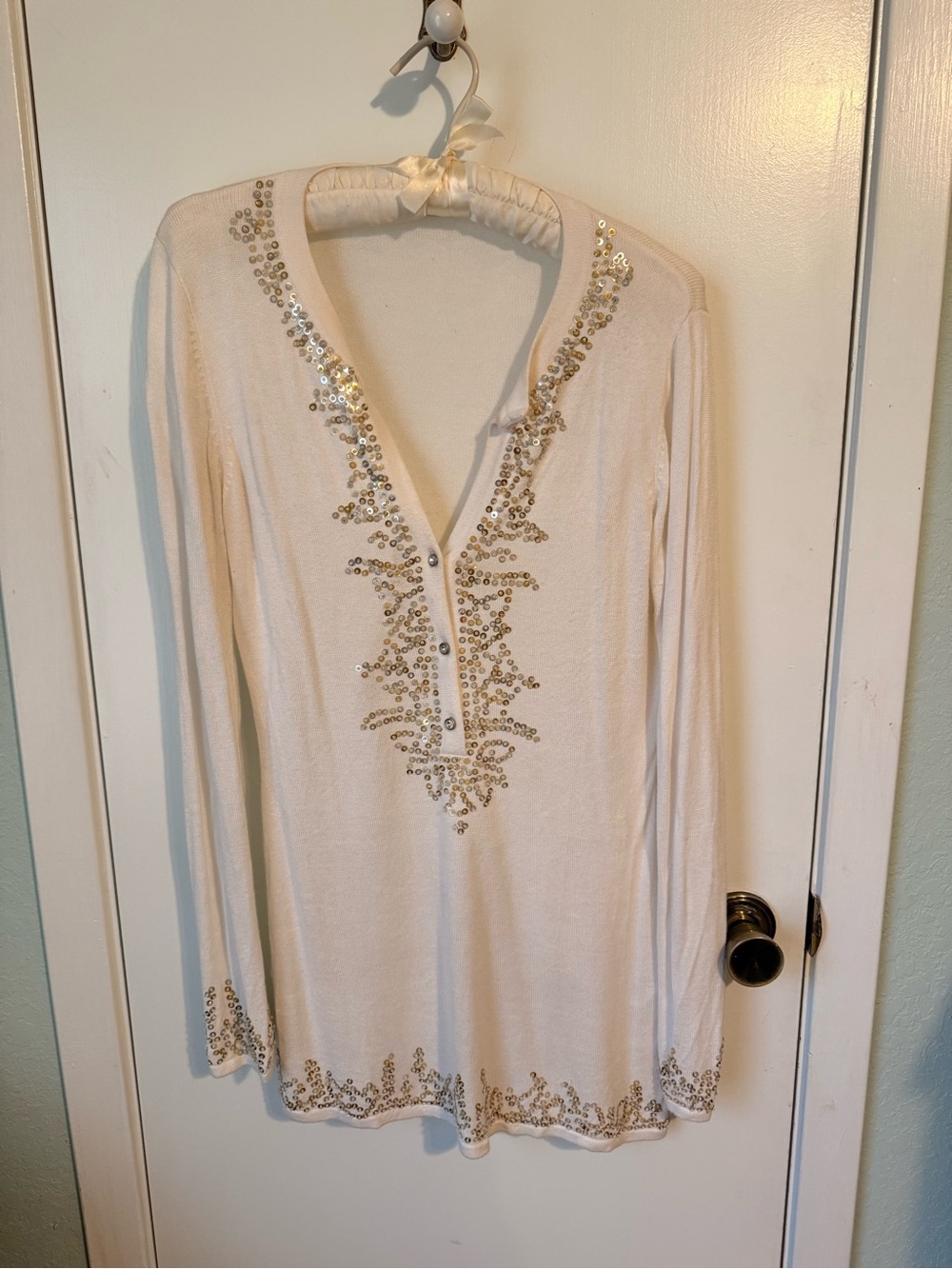 Forever 21 Cream Long-Sleeve V-Neck Top with Gold Sequin Trim